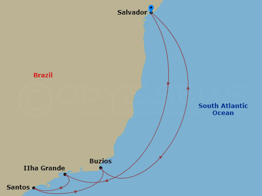 6 Night - South America - MSC Virtuosa - Starting in Salvador, Brazil, Ilha Grande, Brazil, Santos (Sao Paulo), Brazil, Buzios, Brazil, Salvador, Brazil itinerary map