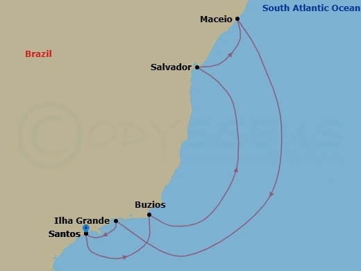 8 Night - South America - MSC Virtuosa - Starting in Santos (Sao Paulo), Brazil, Buzios, Brazil, Salvador, Brazil, Maceio, Brazil, Ilha Grande, Brazil, Santos (Sao Paulo), Brazil itinerary map