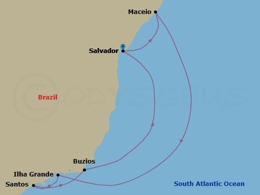 8 Night - South America - MSC Virtuosa - Starting in Salvador, Brazil, Maceio, Brazil, Ilha Grande, Brazil, Santos (Sao Paulo), Brazil, Buzios, Brazil, Salvador, Brazil itinerary map