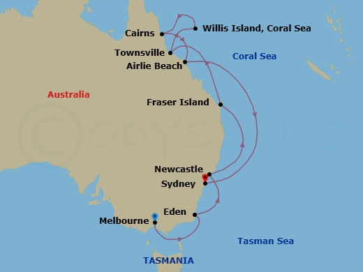 14 Night - Melbourne to Sydney - Silver Moon - Starting in Melbourne, Eden, Newcastle AU, KGari (Fraser Island), Townsville, Willis Island, Cairns, Airlie Beach, Sydney AU itinerary map