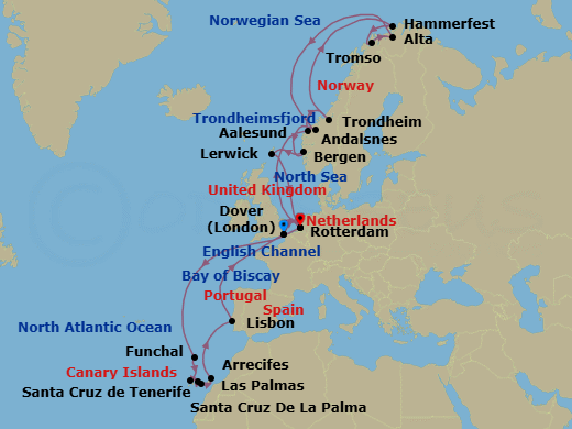 29 Night - Canary Islands & Northern Lights Collectors' Voyage - Nieuw Statendam - Starting in Dover UK (London), England, Rotterdam, the Netherlands, Funchal (Madeira), Portugal, Santa Cruz de La Palma, Santa Cruz de Tenerife, Las Palmas, Gran Canaria, Canary Islands, Spain, Arrecife, Lanzarote, Canary Islands, Spain, Lisbon, Portugal, Dover UK (London), England, Rotterdam, the Netherlands, Alesund, Norway, Trondheim, Norway, Scenic Cruising Trondheimsfjord, Crossing the Arctic Circle, Hammerfest, Norway, Tromso, Norway, Alta, Norway, Crossing the Arctic Circle, Andalsnes, Norway, Bergen, Norway, Lerwick, Shetland Islands, United Kingdom, Rotterdam, the Netherlands itinerary map
