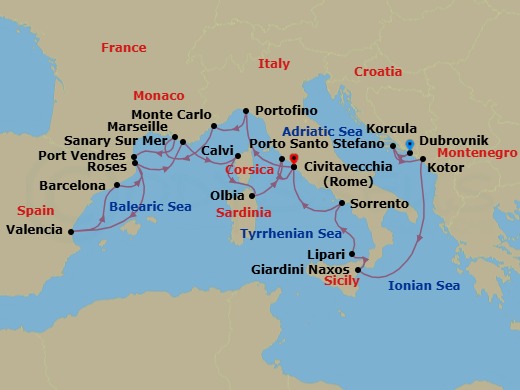 21 Night - Mediterranean Mosaic : Croatia, Italy, France & Spain - Seabourn Ovation - Starting in Dubrovnik, Croatia, Korcula, Croatia, Kotor, Montenegro, Giardini Naxos (Taormina), Italy, Lipari, Italy, Sorrento, Italy, Civitavecchia (Rome), Italy, Portofino, Italy, Monte Carlo, Monaco, La Joliette (Marseille), France, Port-Vendres, France, Valencia, Spain, Barcelona, Spain, Rosas (Roses), Spain, Sanary-sur-Mer, France, Calvi, Corsica, France, Olbia, Sardinia, Italy, Porto Santo Stefano, Italy, Civitavecchia (Rome), Italy itinerary map