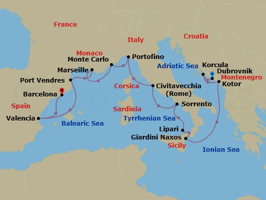 14 Night - Croatia, Montenegro, Italy, Monaco & France - Seabourn Ovation - Starting in Dubrovnik, Croatia, Korcula, Croatia, Kotor, Montenegro, Giardini Naxos (Taormina), Italy, Lipari, Italy, Sorrento, Italy, Civitavecchia (Rome), Italy, Portofino, Italy, Monte Carlo, Monaco, La Joliette (Marseille), France, Port-Vendres, France, Valencia, Spain, Barcelona, Spain itinerary map