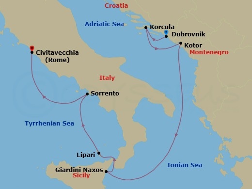 7 Night - Croatia, Montenegro & Italy - Seabourn Ovation - Starting in Dubrovnik, Croatia, Korcula, Croatia, Kotor, Montenegro, Giardini Naxos (Taormina), Italy, Lipari, Italy, Sorrento, Italy, Civitavecchia (Rome), Italy itinerary map