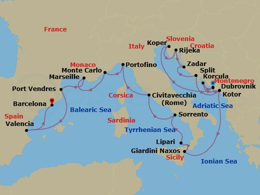 21 Night - Mediterranean Mosaic : Croatia, Italy & France - Seabourn Ovation - Starting in Dubrovnik, Croatia, Koper, Slovenia, Rijeka, Croatia, Zadar, Croatia, Split, Croatia, Kotor, Montenegro, Dubrovnik, Croatia, Korcula, Croatia, Kotor, Montenegro, Giardini Naxos (Taormina), Italy, Lipari, Italy, Sorrento, Italy, Civitavecchia (Rome), Italy, Portofino, Italy, Monte Carlo, Monaco, La Joliette (Marseille), France, Port-Vendres, France, Valencia, Spain, Barcelona, Spain itinerary map