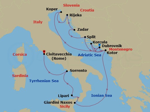14 Night - Slovenia, Croatia, Montenegro & Italy - Seabourn Ovation - Starting in Dubrovnik, Croatia, Koper, Slovenia, Rijeka, Croatia, Zadar, Croatia, Split, Croatia, Kotor, Montenegro, Dubrovnik, Croatia, Korcula, Croatia, Kotor, Montenegro, Giardini Naxos (Taormina), Italy, Lipari, Italy, Sorrento, Italy, Civitavecchia (Rome), Italy itinerary map