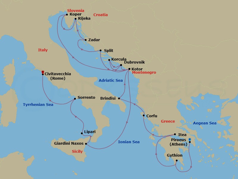 21 Night - Mediterranean Mosaic : Greece, Italy & Dalmatian Gems - Seabourn Ovation - Starting in Piraeus (Athens), Greece, Gythion (Sparta), Greece, Itea (Delphi), Greece, Corfu, Greece, Brindisi (Lecce), Italy, Kotor, Montenegro, Dubrovnik, Croatia, Koper, Slovenia, Rijeka, Croatia, Zadar, Croatia, Split, Croatia, Kotor, Montenegro, Dubrovnik, Croatia, Korcula, Croatia, Kotor, Montenegro, Giardini Naxos (Taormina), Italy, Lipari, Italy, Sorrento, Italy, Civitavecchia (Rome), Italy itinerary map
