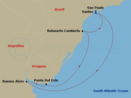 7 Night - South America - MSC Meraviglia - Starting in Santos (Sao Paulo), Brazil, Camboriu, Brazil, Punta Del Este, Uruguay, Buenos Aires, Argentina, Santos (Sao Paulo), Brazil itinerary map
