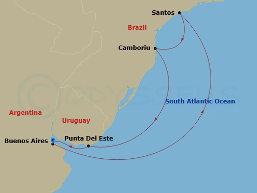 7 Night - South America - MSC Meraviglia - Starting in Buenos Aires, Argentina, Santos (Sao Paulo), Brazil, Camboriu, Brazil, Punta Del Este, Uruguay, Buenos Aires, Argentina itinerary map