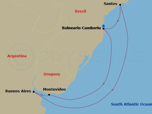 7 Night - South America - MSC Meraviglia - Starting in Camboriu, Brazil, Montevideo, Uruguay, Buenos Aires, Argentina, Santos (Sao Paulo), Brazil, Camboriu, Brazil itinerary map