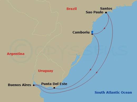 7 Night - South America - MSC Meraviglia - Starting in Camboriu, Brazil, Punta Del Este, Uruguay, Buenos Aires, Argentina, Santos (Sao Paulo), Brazil, Camboriu, Brazil itinerary map