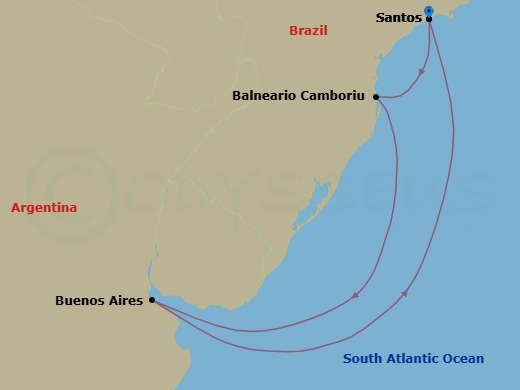 6 Night - South America - MSC Meraviglia - Starting in Santos (Sao Paulo), Brazil, Camboriu, Brazil, Buenos Aires, Argentina, Santos (Sao Paulo), Brazil itinerary map