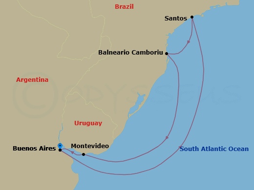 7 Night - South America - MSC Meraviglia - Starting in Buenos Aires, Argentina, Santos (Sao Paulo), Brazil, Camboriu, Brazil, Montevideo, Uruguay, Buenos Aires, Argentina itinerary map