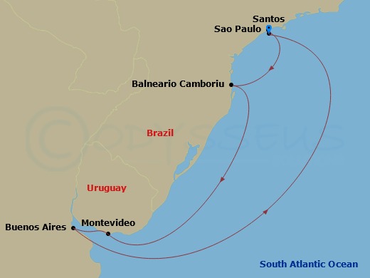 7 Night - South America - MSC Meraviglia - Starting in Santos (Sao Paulo), Brazil, Camboriu, Brazil, Montevideo, Uruguay, Buenos Aires, Argentina, Santos (Sao Paulo), Brazil itinerary map