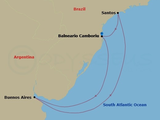 6 Night - South America - MSC Meraviglia - Starting in Camboriu, Brazil, Buenos Aires, Argentina, Santos (Sao Paulo), Brazil, Camboriu, Brazil itinerary map