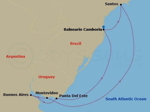 8 Night - South America - MSC Meraviglia - Starting in Camboriu, Brazil, Punta Del Este, Uruguay, Buenos Aires, Argentina, Montevideo, Uruguay, Santos (Sao Paulo), Brazil, Camboriu, Brazil itinerary map