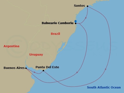 7 Night - South America - MSC Meraviglia - Starting in Camboriu, Brazil, Buenos Aires, Argentina, Punta Del Este, Uruguay, Santos (Sao Paulo), Brazil, Camboriu, Brazil itinerary map