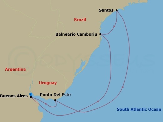 7 Night - South America - MSC Meraviglia - Starting in Buenos Aires, Argentina, Punta Del Este, Uruguay, Santos (Sao Paulo), Brazil, Camboriu, Brazil, Buenos Aires, Argentina itinerary map
