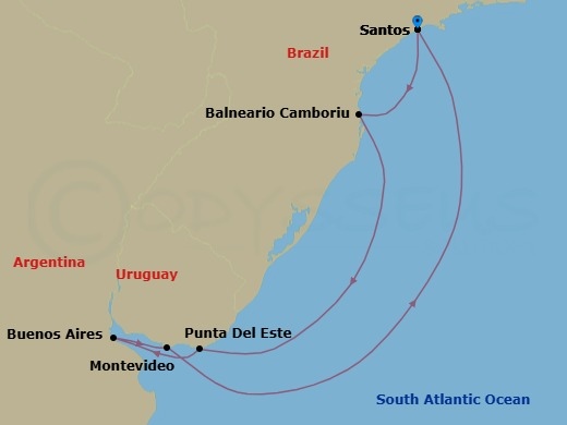 8 Night - South America - MSC Meraviglia - Starting in Santos (Sao Paulo), Brazil, Camboriu, Brazil, Punta Del Este, Uruguay, Buenos Aires, Argentina, Montevideo, Uruguay, Santos (Sao Paulo), Brazil itinerary map