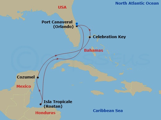 7 Night - Western Caribbean - Carnival Vista - Starting in Port Canaveral (Orlando), Fl, Isla Tropicale, Roatan, Puerta Maya, Cozumel, Mexico, Celebration Key, the Bahamas, Port Canaveral (Orlando), Fl itinerary map