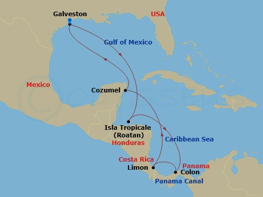 10 Night - Caribbean & Panama - Carnival Sunshine - Starting in Galveston, Tx, Isla Tropicale, Roatan, Colon (Panama Canal), Panama, Limon, Costa Rica, Puerta Maya, Cozumel, Mexico, Galveston, Tx itinerary map