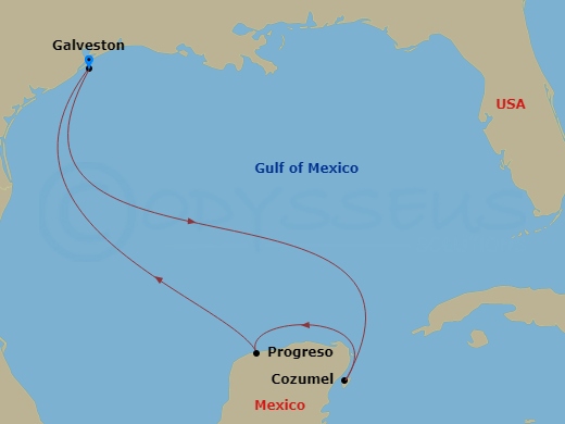 5 Night - Western Caribbean - Carnival Breeze - Starting in Galveston, Tx, Puerta Maya, Cozumel, Mexico, Progreso, Yucatan, Mexico, Galveston, Tx itinerary map