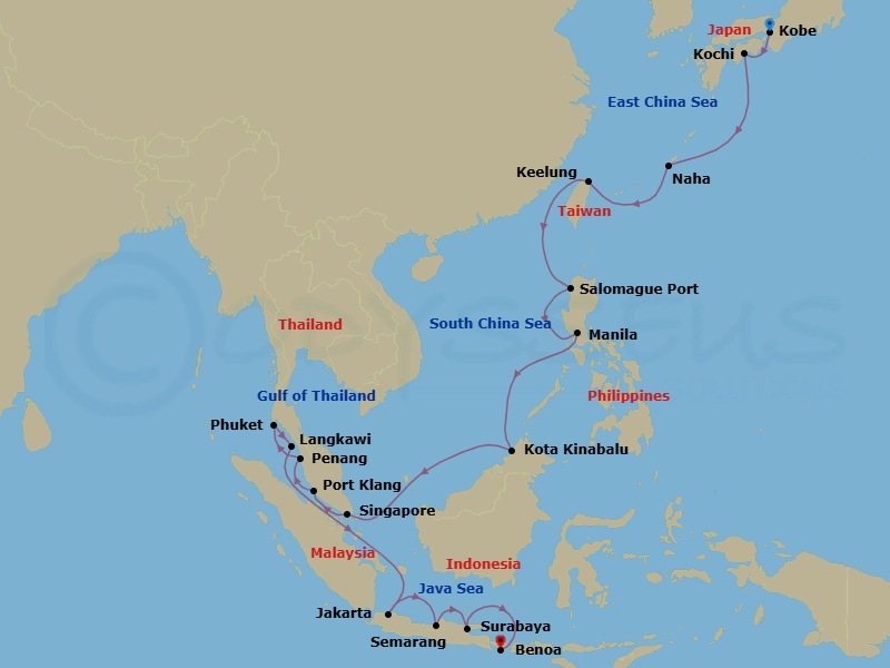 25 Night - Idyllic Asia Isles - Seven Seas Navigator - Starting in Kyoto (Kobe), Kochi, Cruising the Philippine Sea, Okinawa (Naha), Cruising the East China Sea, Keelung, Cruising the South China Sea, Salomague, Manila, Cruising the South China Sea, Kota Kinabalu, Cruising the South China Sea, Singapore, Kuala Lumpur (Port Klang), Penang, Phuket, Langkawi, Cruising the Andaman Sea, Cruising the Strait of Malacca, Jakarta, Semarang (Java), Surabaya, Bali (Benoa) itinerary map