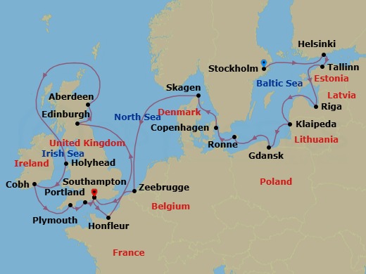 21 Night - Northern Europe from Stockholm to Southampton - Silver Spirit - Starting in Stockholm, Helsinki, Tallinn, Riga, Klaipeda, Gdansk, Ronne, Copenhagen, Skagen, Zeebrugge, Southampton, Honfleur, Newhaven (Edinburgh), Aberdeen, Holyhead, Cobh, Plymouth, Portland UK, Southampton itinerary map