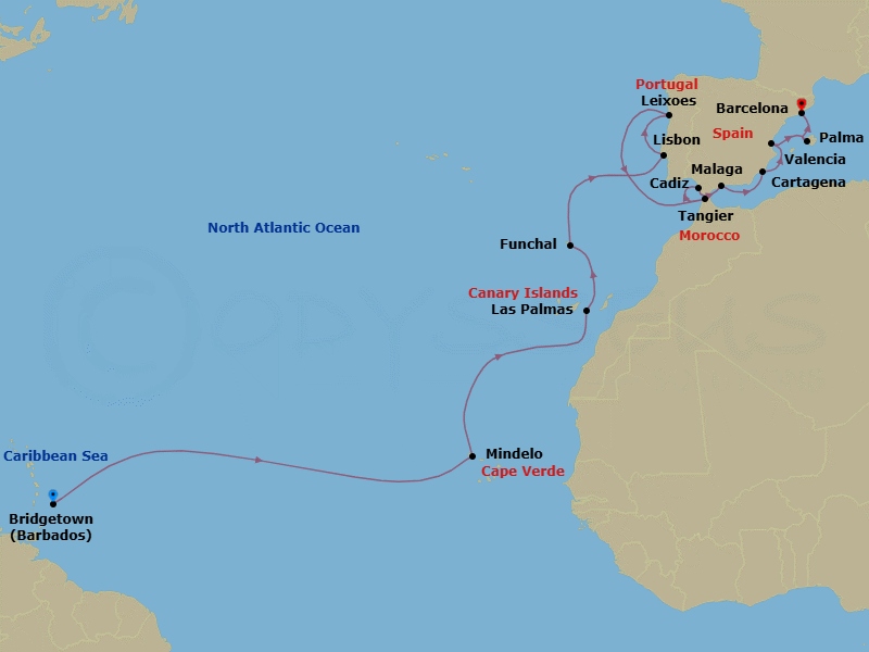 23 Night - Cruise from Bridgetown to Barcelona - Silver Spirit - Starting in Bridgetown, Mindelo, Las Palmas, Funchal, Lisbon, Porto, Tangier, Cadiz, Malaga, Cartagena ES, Valencia, Palma De Mallorca, Barcelona itinerary map