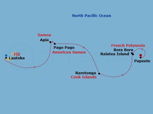 11 Night - Lautoka to Papeete - Silver Whisper - Starting in Lautoka, Apia, Date Line gain a day, Pago Pago, Rarotonga, Bora Bora (Society Islands), Motu Tapu (Bora Bora), Raiatea, Papeete (Tahiti) itinerary map