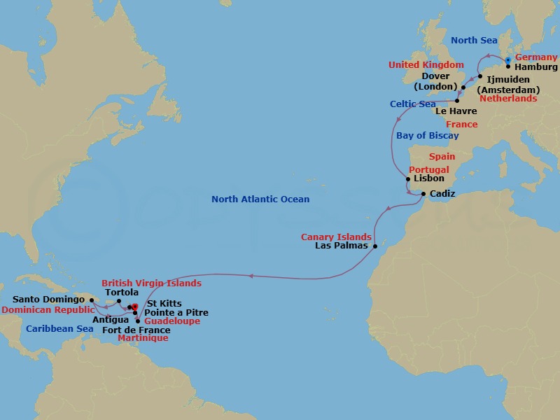 24 Night - Transatlantic from Hamburg - Costa Favolosa - Starting in Hamburg, Germany, Amsterdam / Ijmuiden, Netherlands, Dover UK, England, Le Havre, France, Lisbon, Portugal, Cadiz, Spain, Las Palmas, Canary Islands, Martinique (Antilles), Guadeloupe (Antilles), St Kitts (Antilles), Antigua (Antilles), Antigua Bay, Road Harbour / Tortola, Santo Domingo, Dominican Republic, Guadeloupe (Antilles) itinerary map