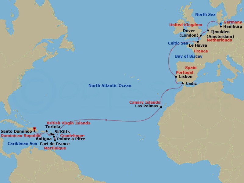 22 Night - Transatlantic from Hamburg - Costa Favolosa - Starting in Hamburg, Germany, Amsterdam / Ijmuiden, Netherlands, Dover UK, England, Le Havre, France, Lisbon, Portugal, Cadiz, Spain, Las Palmas, Canary Islands, Martinique (Antilles), Guadeloupe (Antilles), St Kitts (Antilles), Antigua (Antilles), Antigua Bay, Road Harbour / Tortola, Santo Domingo, Dominican Republic itinerary map