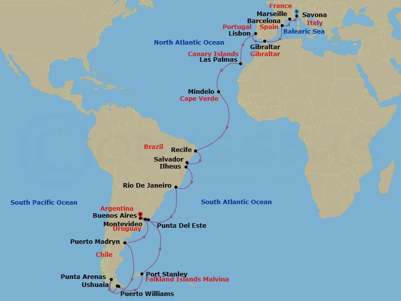 36 Night - Europe from Savona to Buenos Aires - Costa Favolosa - Starting in Savona, Marseille, Barcelona, Gibraltar, Lisbon, Las Palmas (Gran Canaria), Mindelo (Sao Vicente), Recife, Salvador Bahia, Ilheus, Rio De Janeiro, Buenos Aires, Montevideo, Puerto Madryn (Patagonia), Punta Arenas, Ushuaia (Tierra del Fuego), Puerto Williams, Chile, Stanley / Puerto Argentino, Punta Del Este, Buenos Aires itinerary map
