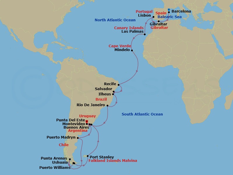 34 Night - Europe from Barcelona to Buenos Aires - Costa Favolosa - Starting in Barcelona, Gibraltar, Lisbon, Las Palmas (Gran Canaria), Mindelo (Sao Vicente), Recife, Salvador Bahia, Ilheus, Rio De Janeiro, Buenos Aires, Montevideo, Puerto Madryn (Patagonia), Punta Arenas, Ushuaia (Tierra del Fuego), Puerto Williams, Chile, Stanley / Puerto Argentino, Punta Del Este, Buenos Aires itinerary map