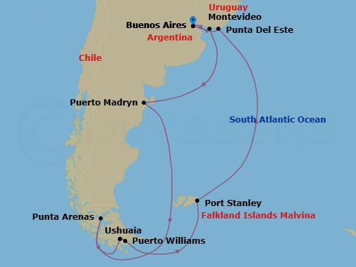14 Night - South America Roundtrip from Buenos Aires - Costa Favolosa - Starting in Buenos Aires, Montevideo, Puerto Madryn (Patagonia), Punta Arenas, Ushuaia (Tierra del Fuego), Puerto Williams, Chile, Stanley / Puerto Argentino, Punta Del Este, Buenos Aires itinerary map