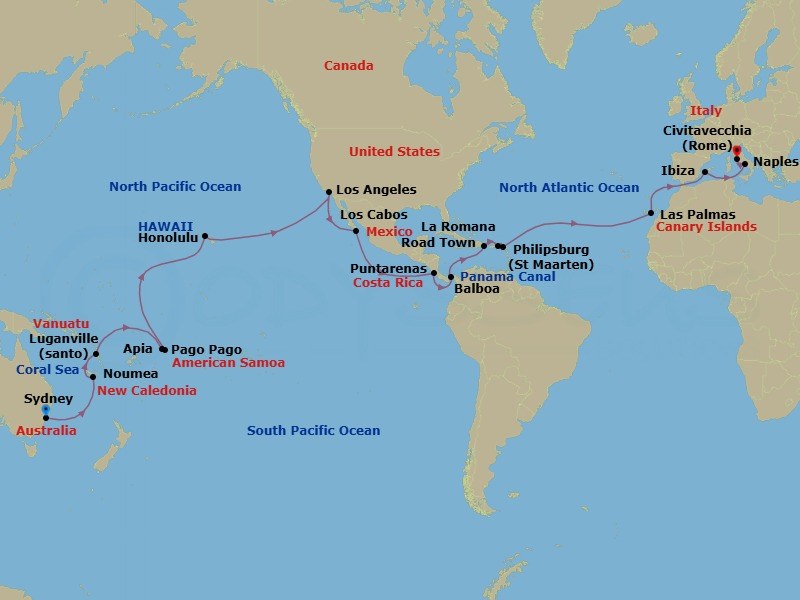 50 Night - Msc World Cruise - MSC Magnifica - Starting in Sydney AU, Australia, Noumea, New Caledonia, Luganville, Vanuatu, Apia, Western Samoa, Pago Pago, American Samoa, Honolulu, Hawaii, Los Angeles, Cabo San Lucas, Mexico, Puntarenas (San Jose), Costa Rica, Balboa, Panama, Cruising Panama Canal, La Romana, Dominican Republic, Road Town (Tortola), British Virgin Islands, Philipsburg, St Maarten, Las Palmas de Gran Canaria (Canary Islands), Spain, Ibiza (Balearic Islands), Spain, Naples (Pompeii), Italy, Civitavecchia (Rome), Italy itinerary map