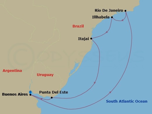 8 Night - South America - MSC Splendida - Starting in Buenos Aires, Argentina, Rio De Janeiro, Brazil, Ilhabela, Brazil, Itajai, Brazil, Punta Del Este, Uruguay, Buenos Aires, Argentina itinerary map
