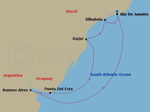 8 Night - South America - MSC Splendida - Starting in Rio De Janeiro, Brazil, Ilhabela, Brazil, Itajai, Brazil, Punta Del Este, Uruguay, Buenos Aires, Argentina, Rio De Janeiro, Brazil itinerary map