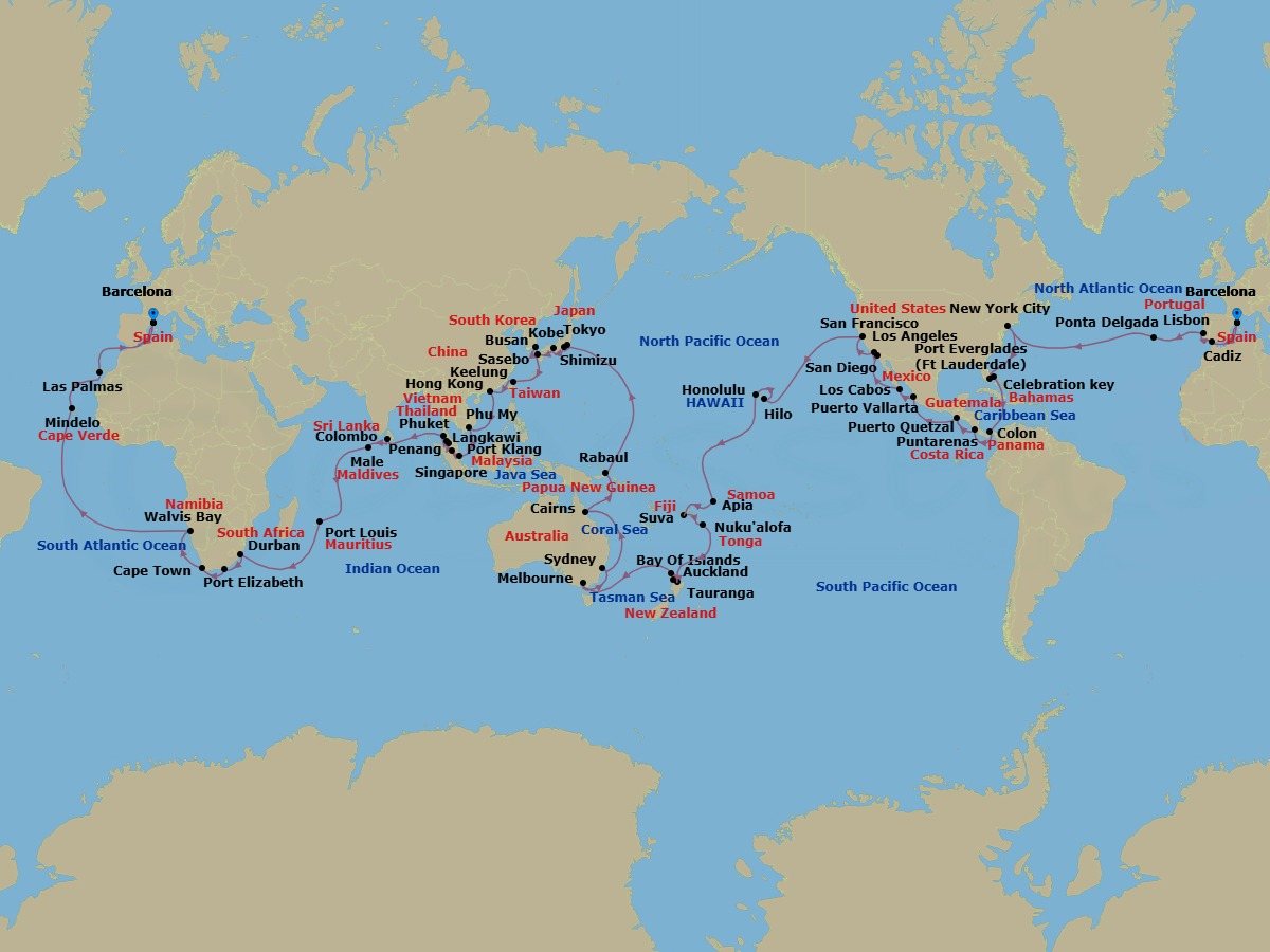 134 Night - Round World from Barcelona - Costa Deliziosa - Starting in Barcelona, Cadiz, Lisbon, Ponta Delgada (Azores), New York, Port Everglades, Celebration Key, Bahamas, Colon, Puntarenas, Puerto Quetzal, Puerto Vallarta, Cabo San Lucas, San Diego, Los Angeles, San Francisco, Hilo, Honolulu, Apia, Suva, Nukualofa, Tauranga, Auckland, Waitangi (Bay of Islands), Melbourne, Sydney AU, Cairns, Rabaul, Tokyo, Shimizu, Kobe (Kyoto), Sasebo, Busan, Keelung (Taipei), Hong Kong, Phu My (Ho Chi Minh City), Singapore, Port Kelang (Kuala Lumpur), Penang, Langkawi, Phuket, Colombo, Male, Port Louis, Durban, Port Elizabeth ZA, Cape Town, Walvis Bay, Mindelo (Sao Vicente), Las Palmas (Gran Canaria), Barcelona itinerary map