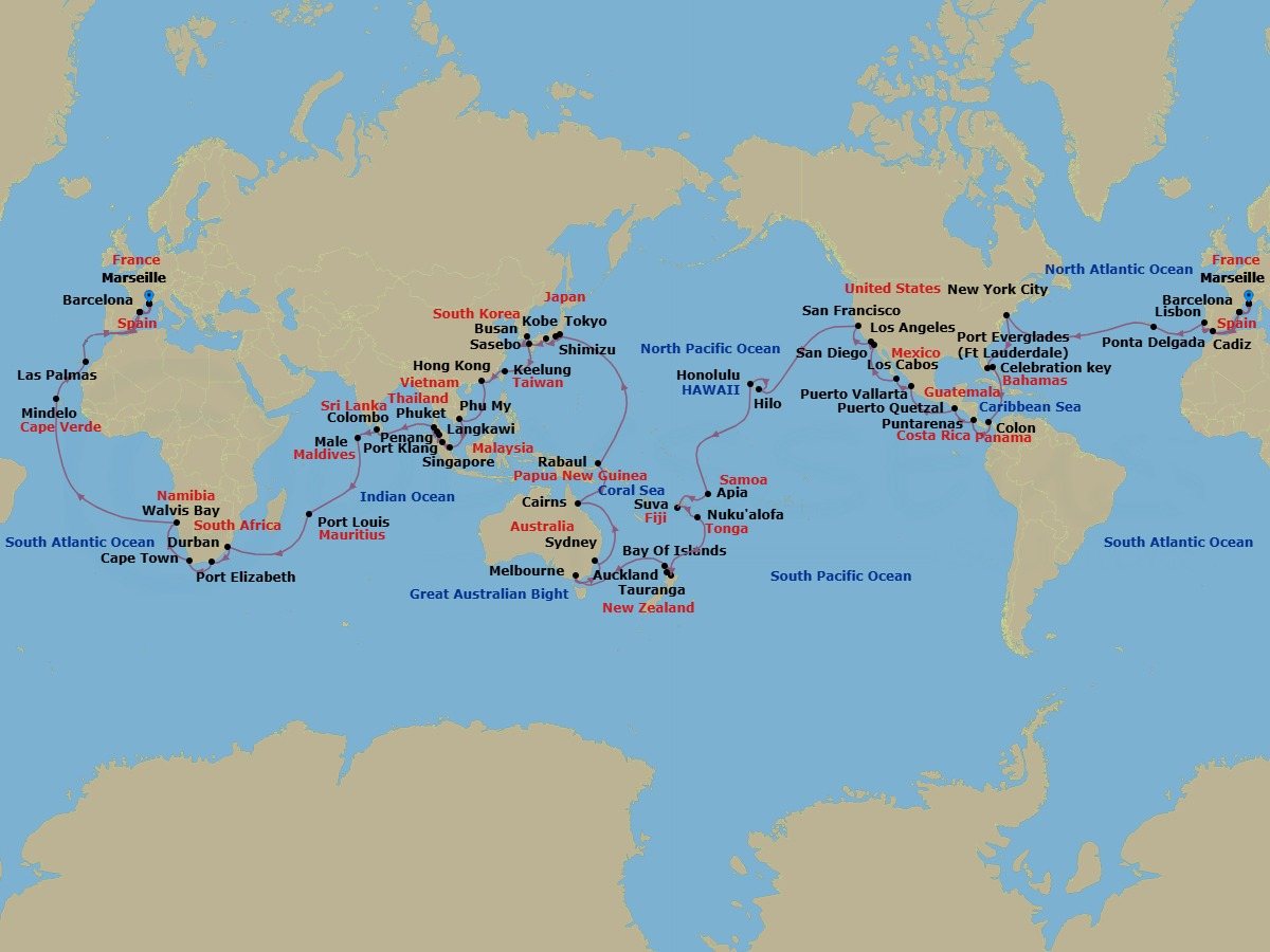 136 Night - Round World from Marseille - Costa Deliziosa - Starting in Marseille, Barcelona, Cadiz, Lisbon, Ponta Delgada (Azores), New York, Port Everglades, Celebration Key, Bahamas, Colon, Puntarenas, Puerto Quetzal, Puerto Vallarta, Cabo San Lucas, San Diego, Los Angeles, San Francisco, Hilo, Honolulu, Apia, Suva, Nukualofa, Tauranga, Auckland, Waitangi (Bay of Islands), Melbourne, Sydney AU, Cairns, Rabaul, Tokyo, Shimizu, Kobe (Kyoto), Sasebo, Busan, Keelung (Taipei), Hong Kong, Phu My (Ho Chi Minh City), Singapore, Port Kelang (Kuala Lumpur), Penang, Langkawi, Phuket, Colombo, Male, Port Louis, Durban, Port Elizabeth ZA, Cape Town, Walvis Bay, Mindelo (Sao Vicente), Las Palmas (Gran Canaria), Barcelona, Marseille itinerary map