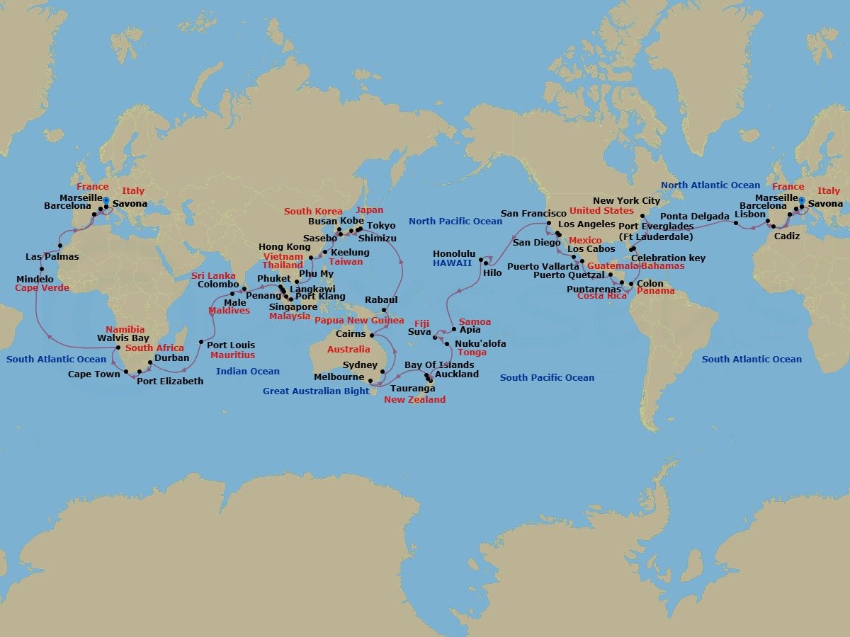 138 Night - Round World from Savona - Costa Deliziosa - Starting in Savona, Marseille, Barcelona, Cadiz, Lisbon, Ponta Delgada (Azores), New York, Port Everglades, Celebration Key, Bahamas, Colon, Puntarenas, Puerto Quetzal, Puerto Vallarta, Cabo San Lucas, San Diego, Los Angeles, San Francisco, Hilo, Honolulu, Apia, Suva, Nukualofa, Tauranga, Auckland, Waitangi (Bay of Islands), Melbourne, Sydney AU, Cairns, Rabaul, Tokyo, Shimizu, Kobe (Kyoto), Sasebo, Busan, Keelung (Taipei), Hong Kong, Phu My (Ho Chi Minh City), Singapore, Port Kelang (Kuala Lumpur), Penang, Langkawi, Phuket, Colombo, Male, Port Louis, Durban, Port Elizabeth ZA, Cape Town, Walvis Bay, Mindelo (Sao Vicente), Las Palmas (Gran Canaria), Barcelona, Marseille, Savona itinerary map