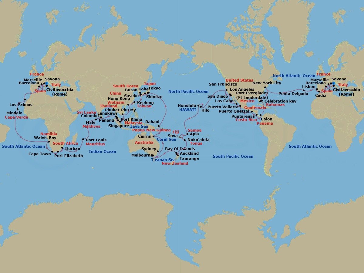 140 Night - Round World from Civitavecchia - Costa Deliziosa - Starting in Civitavecchia (Rome), Savona, Marseille, Barcelona, Cadiz, Lisbon, Ponta Delgada (Azores), New York, Port Everglades, Celebration Key, Bahamas, Colon, Puntarenas, Puerto Quetzal, Puerto Vallarta, Cabo San Lucas, San Diego, Los Angeles, San Francisco, Hilo, Honolulu, Apia, Suva, Nukualofa, Tauranga, Auckland, Waitangi (Bay of Islands), Melbourne, Sydney AU, Cairns, Rabaul, Tokyo, Shimizu, Kobe (Kyoto), Sasebo, Busan, Keelung (Taipei), Hong Kong, Phu My (Ho Chi Minh City), Singapore, Port Kelang (Kuala Lumpur), Penang, Langkawi, Phuket, Colombo, Male, Port Louis, Durban, Port Elizabeth ZA, Cape Town, Walvis Bay, Mindelo (Sao Vicente), Las Palmas (Gran Canaria), Barcelona, Marseille, Savona, Civitavecchia (Rome) itinerary map