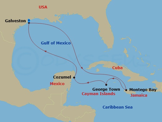 7 Night - Western Caribbean - Carnival Dream - Starting in Galveston, Tx, Montego Bay, Jamaica, Grand Cayman, Cayman Islands, Puerta Maya, Cozumel, Mexico, Galveston, Tx itinerary map
