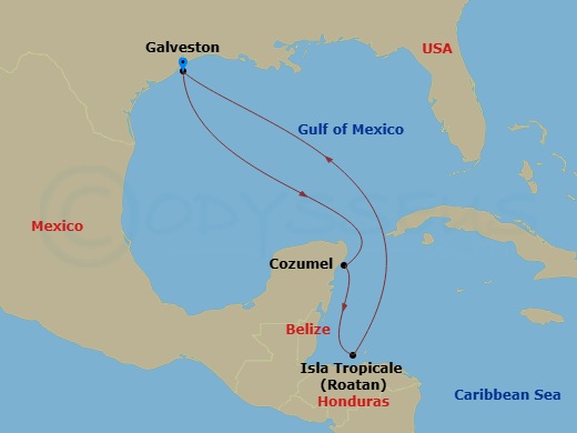 7 Night - Western Caribbean - Carnival Dream - Starting in Galveston, Tx, Puerta Maya, Cozumel, Mexico, Belize, Isla Tropicale, Roatan, Galveston, Tx itinerary map