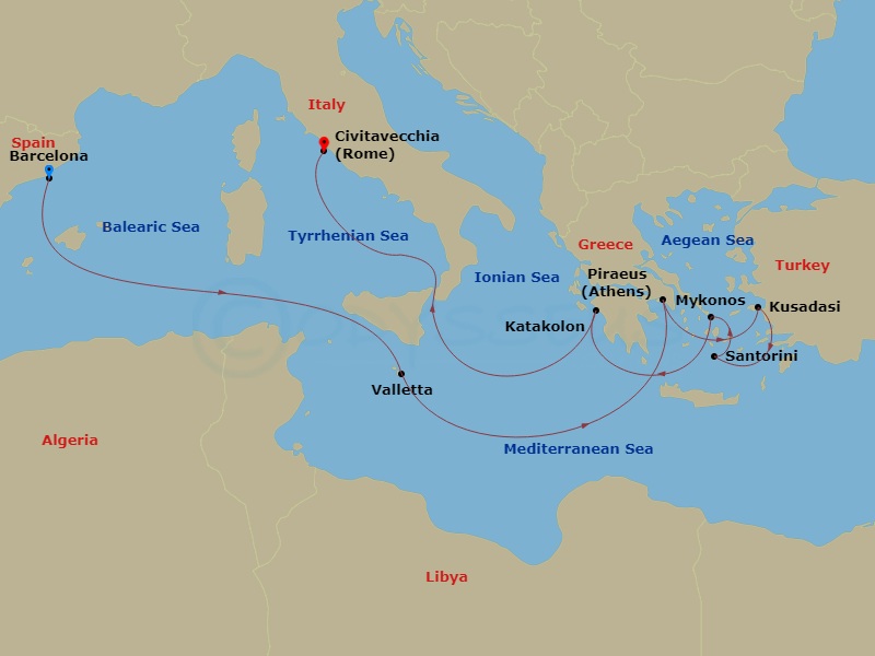 10 Night - Greek Isles & Turkey - Celebrity Equinox - Starting in Barcelona, Spain, Valletta, Malta, Athens (Piraeus), Greece, Ephesus (Kusadasi), Turkey, Santorini, Greece, Mykonos, Greece, Olympia (Katakolon), Greece, Rome (Civitavecchia), Italy itinerary map