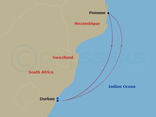 4 Night - South Africa - MSC Sinfonia - Starting in Durban, South Africa, Pomene, Mozambique, Durban, South Africa itinerary map