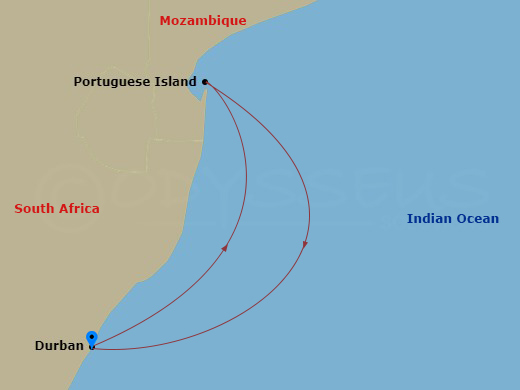 3 Night - South Africa - MSC Sinfonia - Starting in Durban, South Africa, Portuguese Island (Inhaca Archipelago), Mozambique, Durban, South Africa itinerary map
