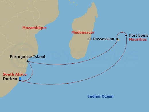 12 Night - South Africa - MSC Sinfonia - Starting in Durban, South Africa, Port Louis, Mauritius, La Possession, Reunion, Portuguese Island (Inhaca Archipelago), Mozambique, Durban, South Africa itinerary map