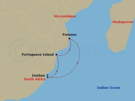 5 Night - South Africa - MSC Sinfonia - Starting in Durban, South Africa, Pomene, Mozambique, Portuguese Island (Inhaca Archipelago), Mozambique, Durban, South Africa itinerary map