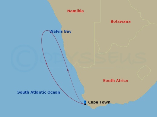 5 Night - South Africa - MSC Sinfonia - Starting in Cape Town, South Africa, Walvis Bay, Namibia, Cape Town, South Africa itinerary map